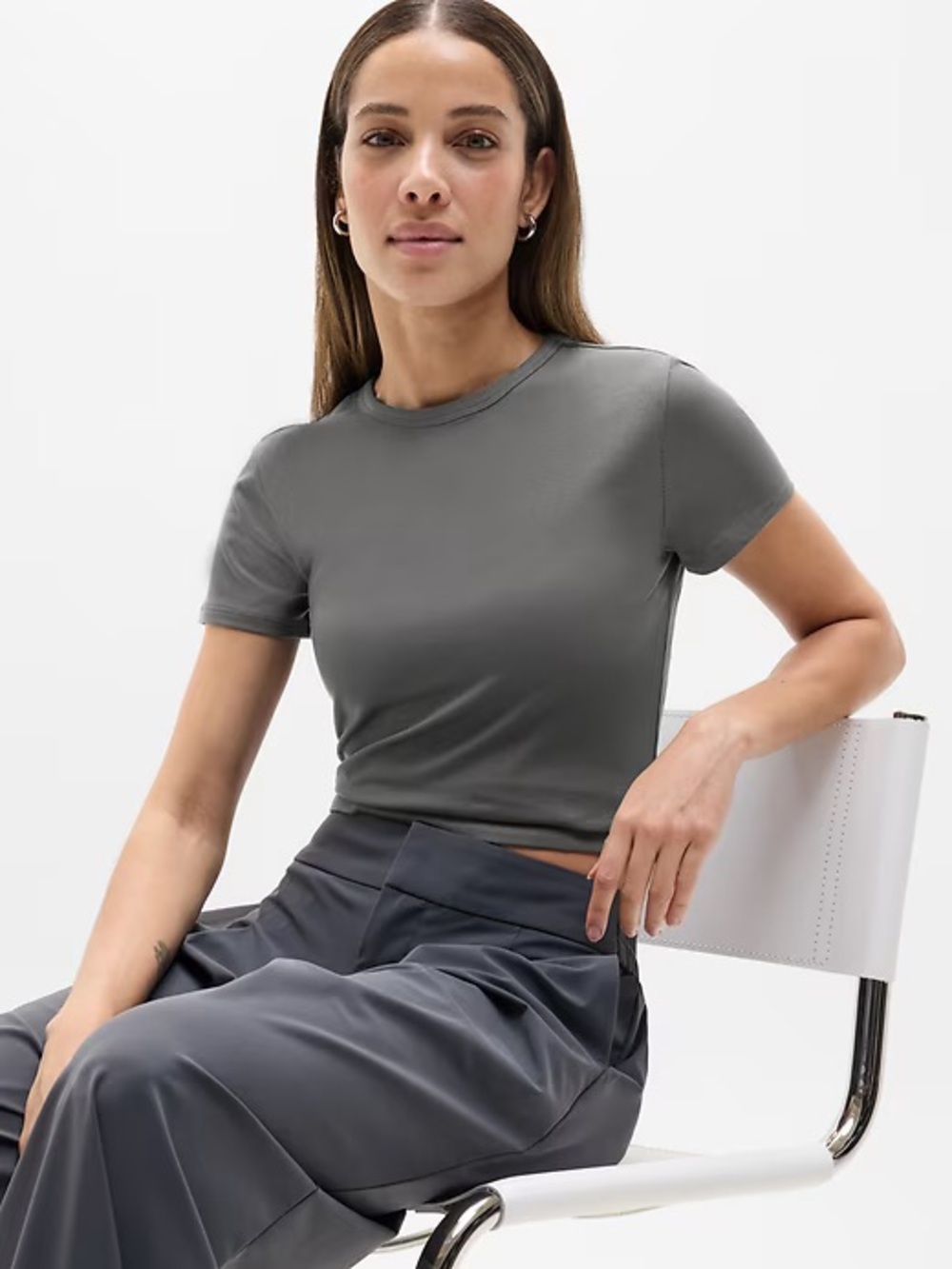 Athleta Signature Rib Crop Tee NWT Size XS Shadow Grey Short Sleeve Top